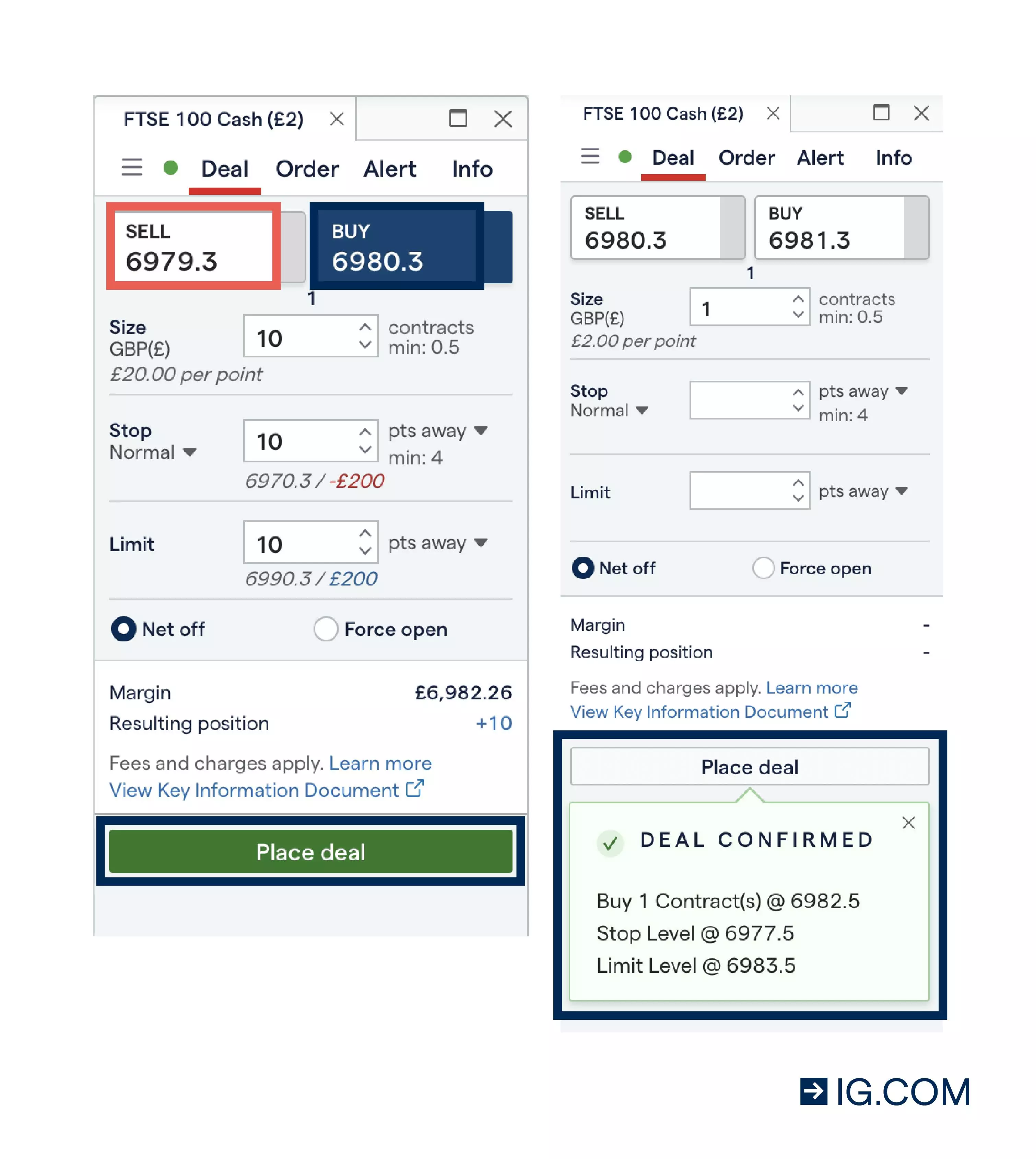 A screenshot of the deal ticket on the IG trading platform that shows how to place a deal and what it looks like when the deal is confirmed.